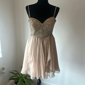 Dave and Johnny Short Beaded Prom Dress ~ Champagne/Tan rhinestones